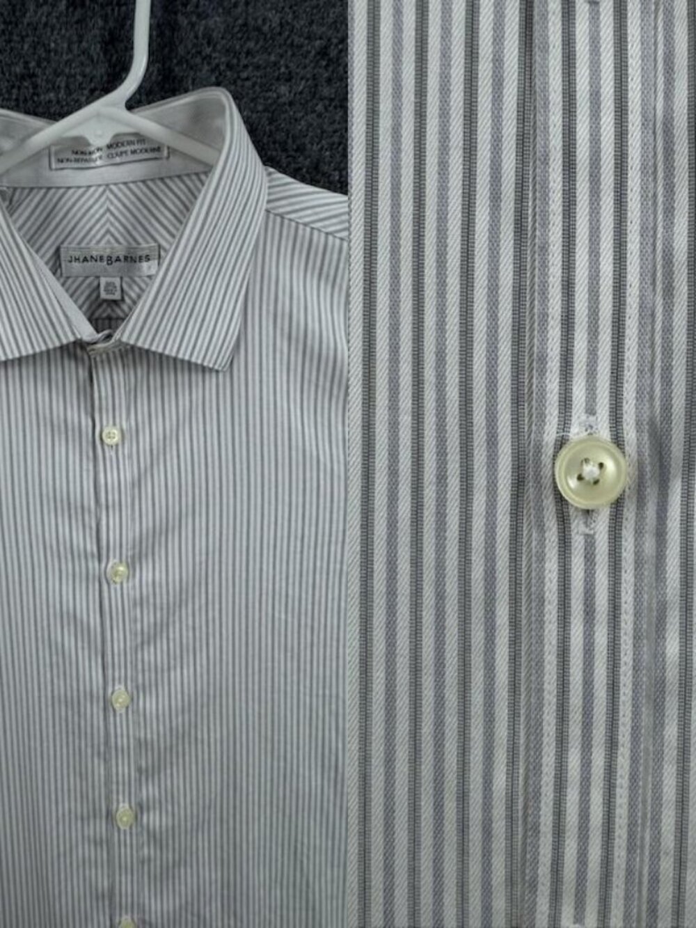 Jhane Barnes 17 36/37 Tall Striped Non-Iron White Gray Men Modern Cotton Shirt